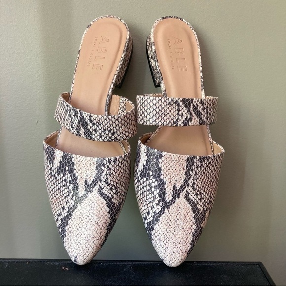 ABLE | Joselyne Snake Python Leather Double Strap Almond Toe Slide Mule - Picture 1 of 9